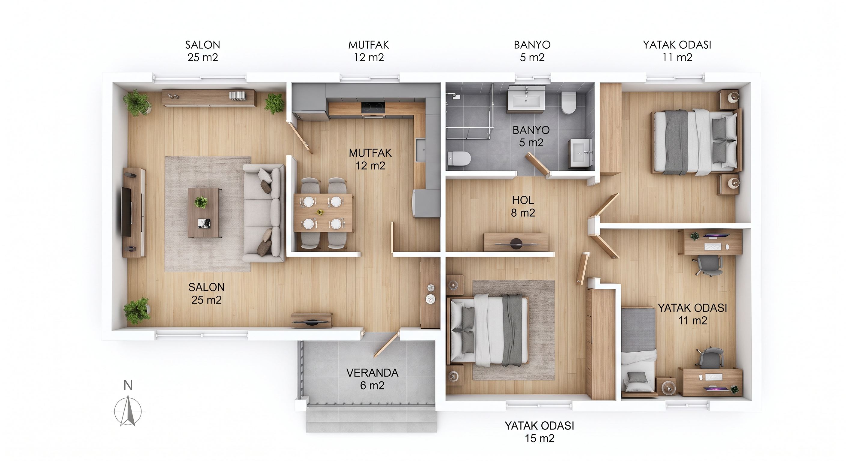 82 m² (2+1) Tek Katlı Prefabrik Ev - Kat Planı